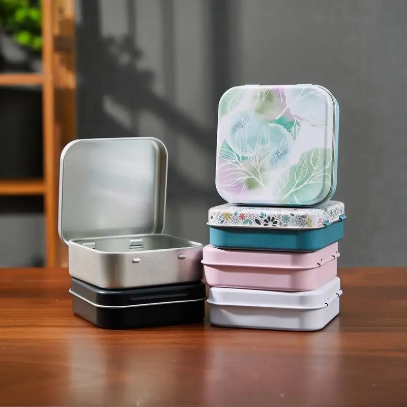 2Pcs Square Colored Flip Top Tin Box Portable Jewelry Candy Medicine Storage Box Hand Sticker Case Earphones Organizer