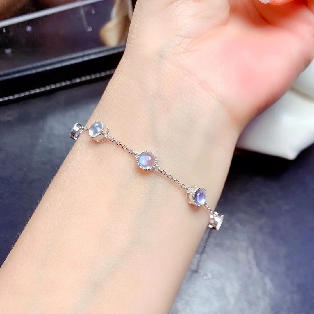 MeiBaPJ 5mm Real Natural Moonstone Gemstone Fashion Bracelet 925 Sterling Silver Bangle for Women Fine Wedding Jewelry