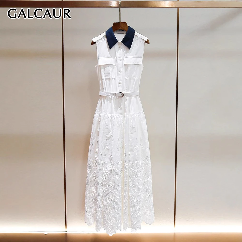 

GALCAUR White Spliced Pocket Female Chic Dress Lapel Sleeveless Patchwork Hollow Out Women's Dresses Autumn Fashion Style New