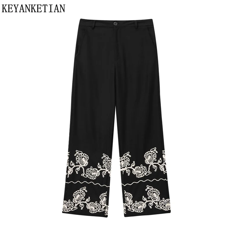 

KEYANKETIAN 2025 Spring/Autumn New Women's Embroidered Decorated Straight Pants Holiday wind Zipper High Waist Long Trousers