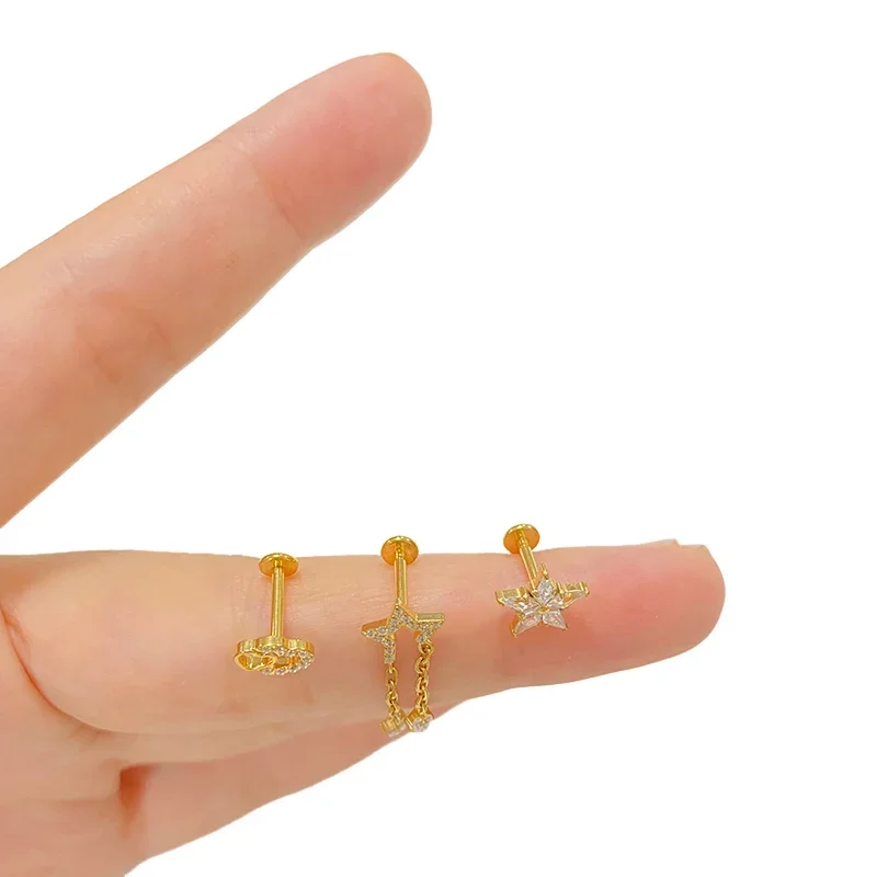 G23 Titanium EAR PIERC Pentagram and Heart Chain Pendant Ear Studs with Zircon Top Tragus Earring Ear Helix Piercing Jewelr