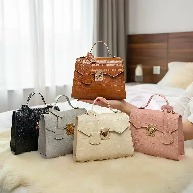 Crocodile Embossed PU Leather Handbag Metal Lock Top Handle Anti Theft Design Tote for Women Daily Safe Commute Use
