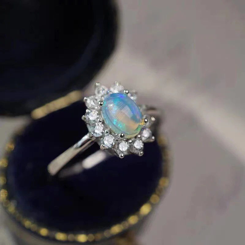 New in Silver Inlaid Zircon Elegant Style Colorful Opal Engagement Ring Opening Adjustable Exquisite Charm Jewelry for Women