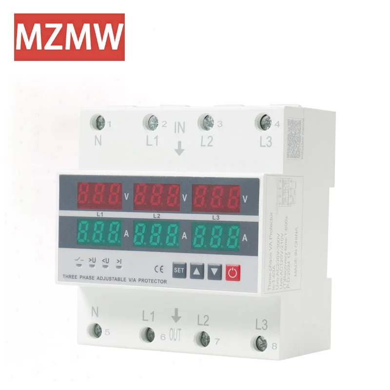 3P4W Over and Under Voltage Protector Voltmeter Ammeter Monitor Relays Adjustable 3 Phase 3P+N Din Rail Current Limit Protection