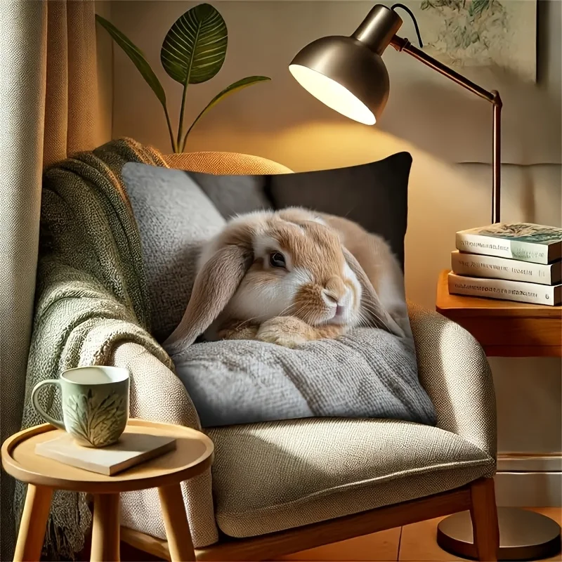 Niedlicher Schlafender Hase-Kissenbezug aus 100 % Polyester, Reißverschluss, moderne Heimdekoration für Sofa, Wohnzimmer-Hasen-Kissenbezug