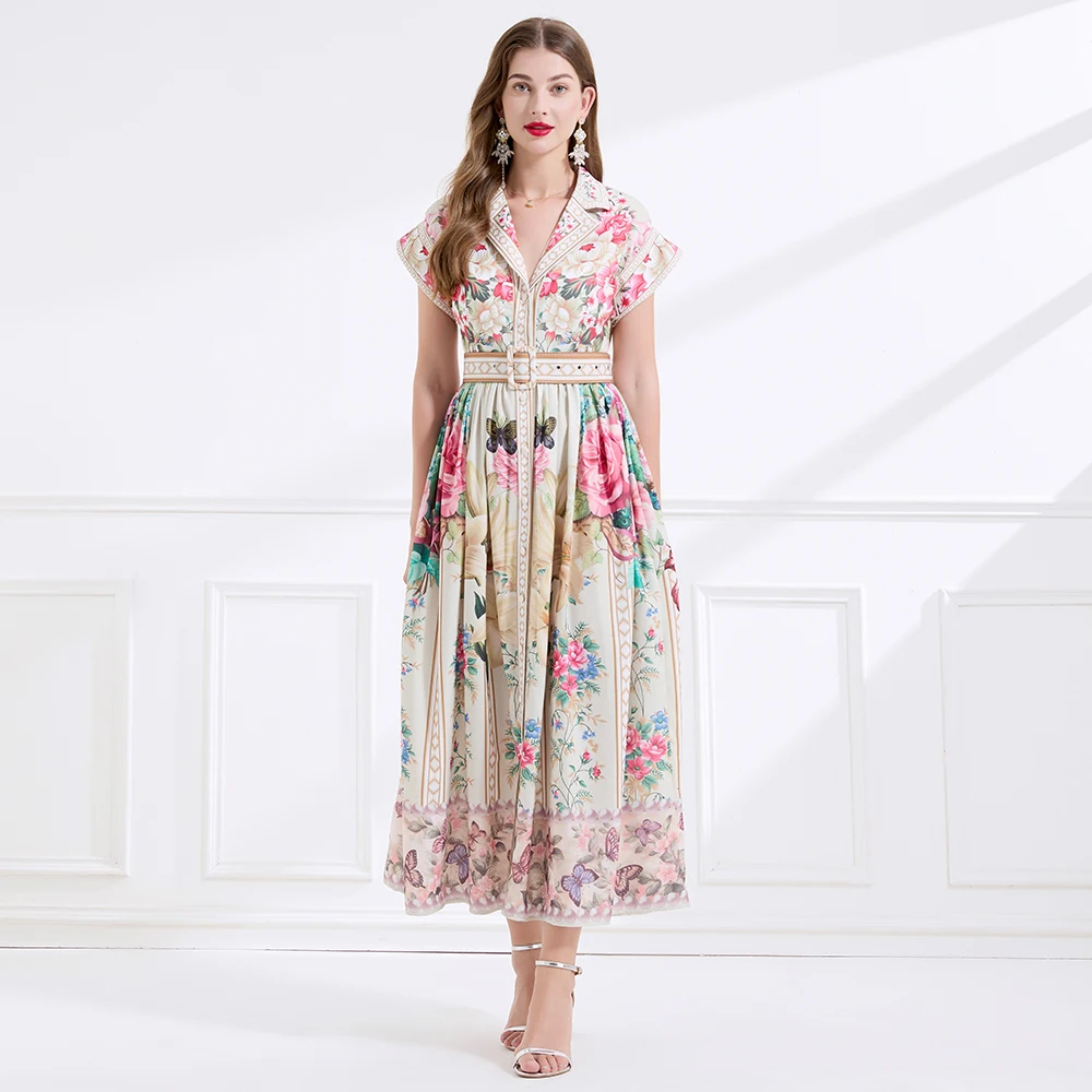 Elegant Summer Bohemian Floal Maxi Dress Shirt Women Palace Suit Collar Short Sleeve Print Bird Holiday Beach Long Dresses Belt
