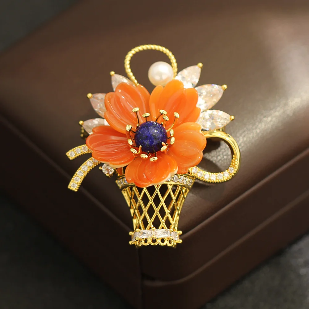 Light Luxury Flower Basket Brooch, Natural Shell Lapis Pearl Zircon Pin for Suit Coat Women