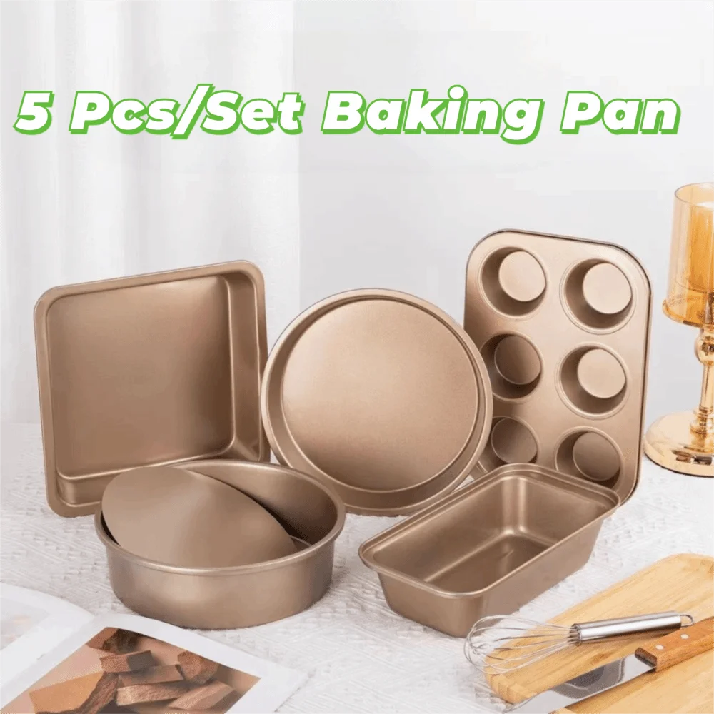 

5PCS Carbon Steel Baking Pan Set Heat-resistant Non-stick Complete Baking Tray Kit Rolled Edge Design DIY Bread Mod Pizza