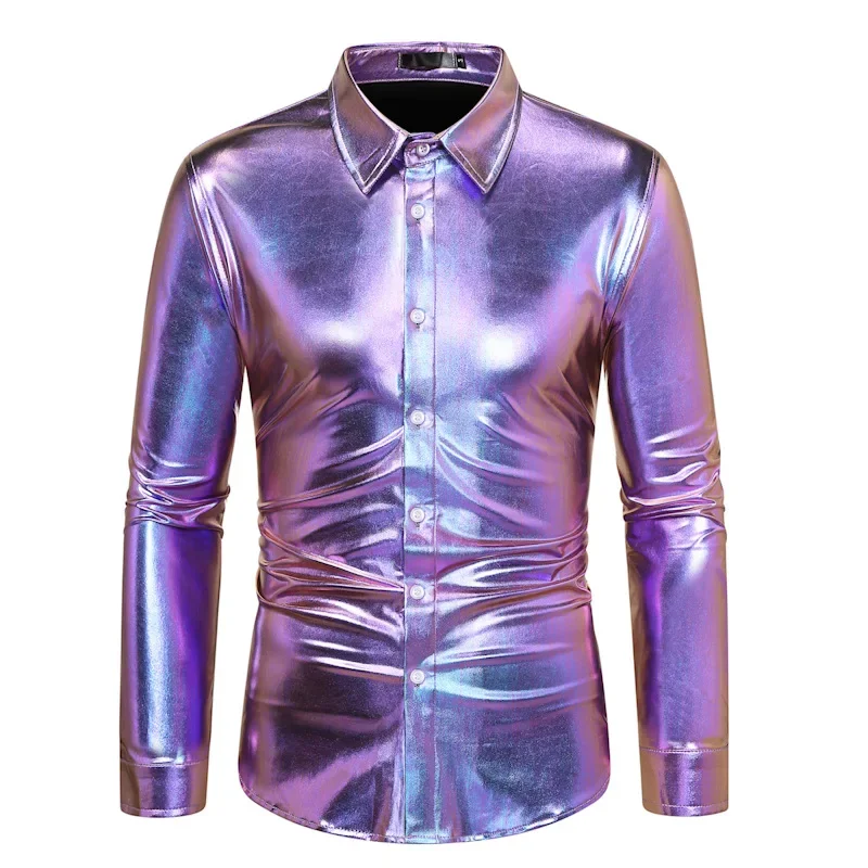 Mens Shiny Gold Metallic Sequin Glitter Shirts Hipster Slim Fit Button Up Dress Shirt Men Club Rock Hip Hop Disco Party Clothing