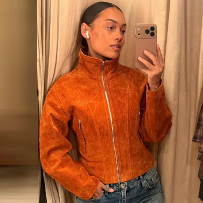 HXAO Damen-Jacke aus Kunstwildleder, kurze Jacke, Herbst 2026, modisch, orange, langärmelig, Stehkragen, Reißverschluss, schmale Passform, schicke Oberbekleidung, Top – Detail 10