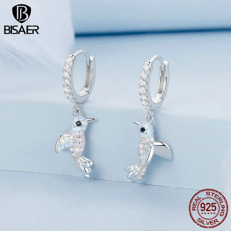 BISAER 925 Sterling Silver Kingfisher Bird Drop Earrings Pavé Setting Zircon Earrings Plated White Gold for Women Fine Jewelry