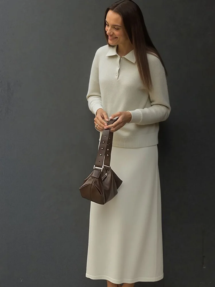 

Вязаный повседневный костюм с воротником-поло, женский вязаный костюм крючком, шикарный комплект из двух предметов с длинными рукавами, повседневная офисная одежда для поездок на работу, 2025 г.