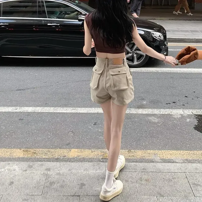 Khaki Shorts Cargo Summer Thin High Waist Big Pockets American Sweet Loose Sexy All-match Clothing Solid Daily Aesthetic Mujer