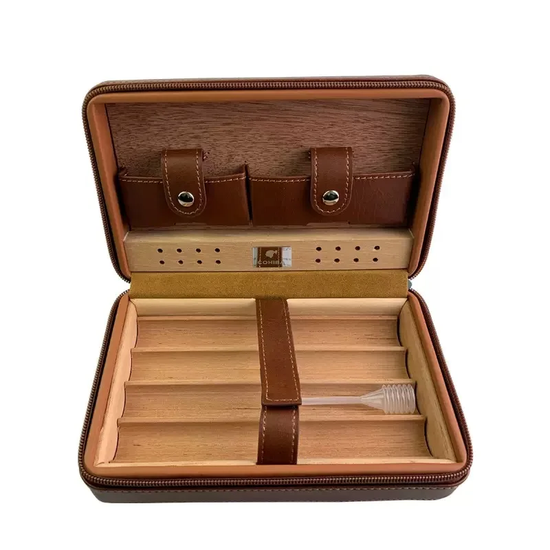 

Leather Cigar Set Cigar Bag Zipper Bag Cedar Wood Humidor Cigarette Case Cigar Cutter Portable High-End Storage Box