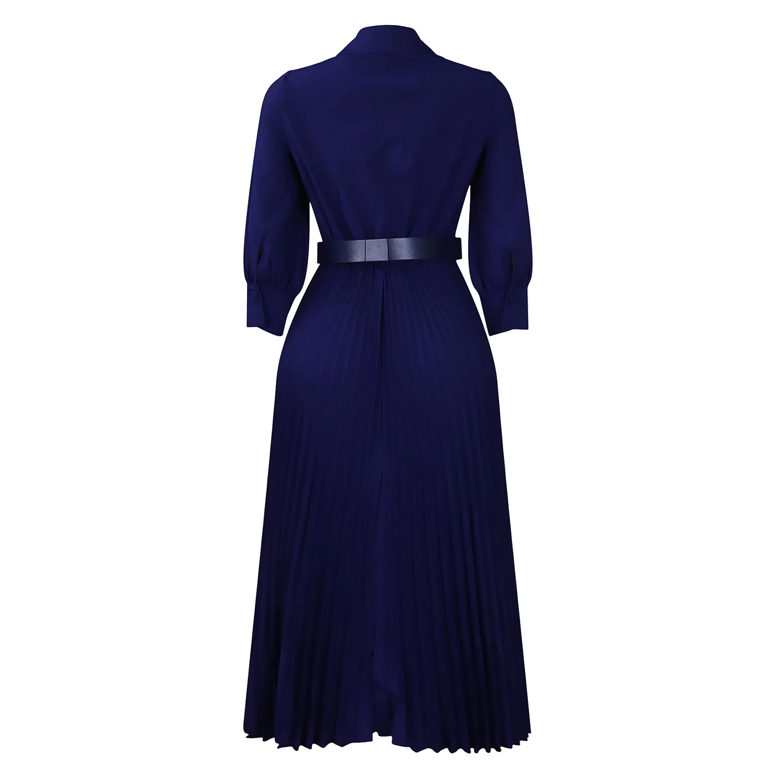 Womens Solid Color Dress with Waist Belt V Neck 3/4 Sleeve High Waist Pleated Midi Dress Elegant Woman's Clothes