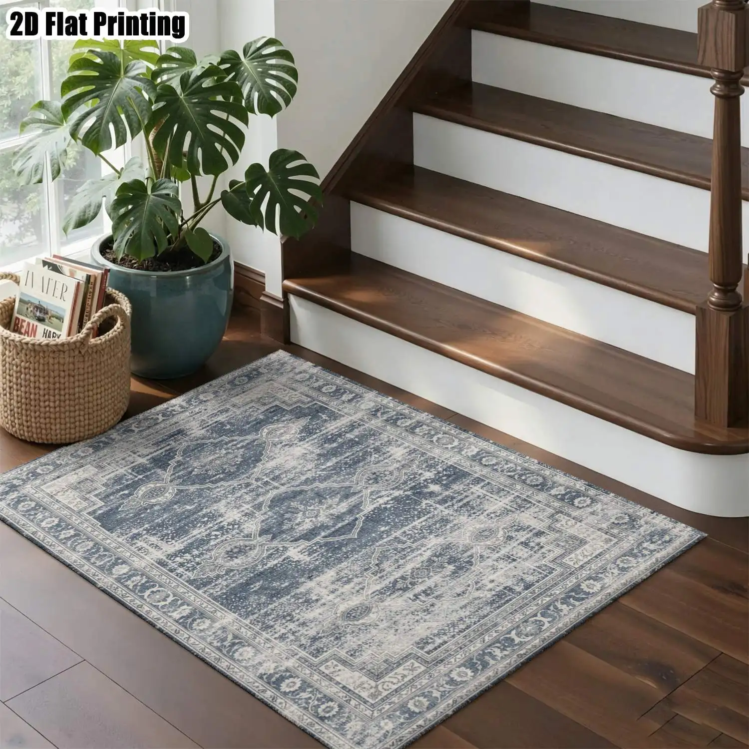 1Pc 2D Printed Retro Blue-Grey Persian Pattern Carpet, European Vintage Minimalist Rug for Home Decor, Multi-Size, Machine Washable, Suitable for Multiple Scenes, Door Mats & Carpets