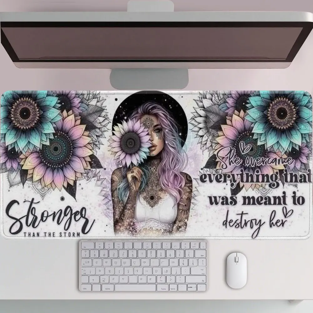Tattooed Woman Sunflower Mouse Pad Large Inspirational Boho Floral Desk Mat Rubber Non-Slip Gaming Mat