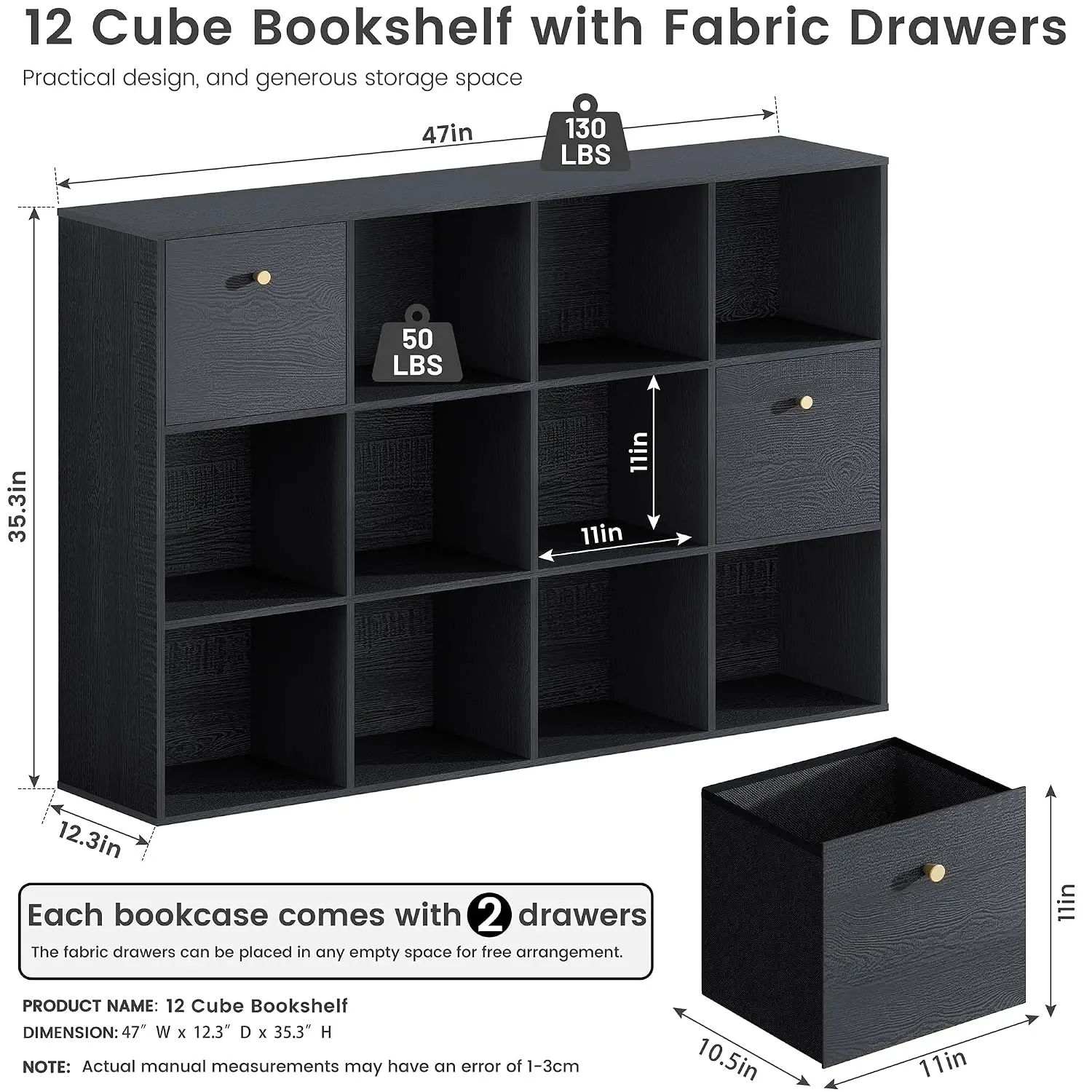 Cube Storage Organizer With 12 Open Shelf, Black Bookshelf With Storage Bins, Freestanding Book Case, Cubicle Shelf, Customized