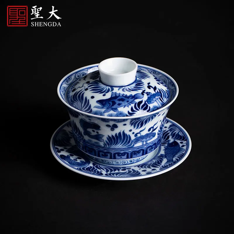 |hand draw three tureen porcelain cups filled with fish and algae grain tureen pure manual of jingdezhen tea service