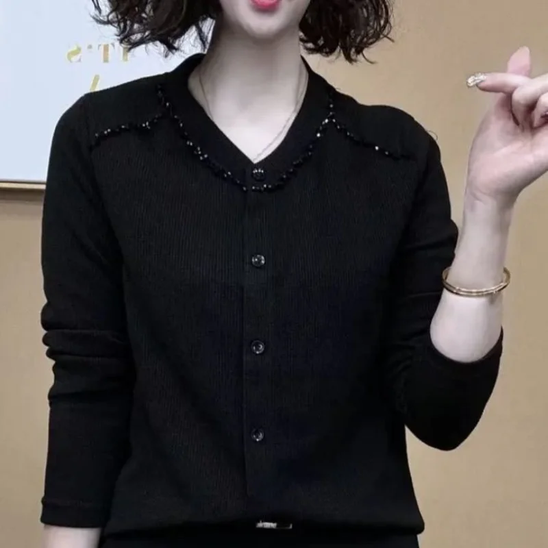 Premium Gray Long Sleeve Round Neck Rhinestone T-Shirt Women Slim Fit Basic Top