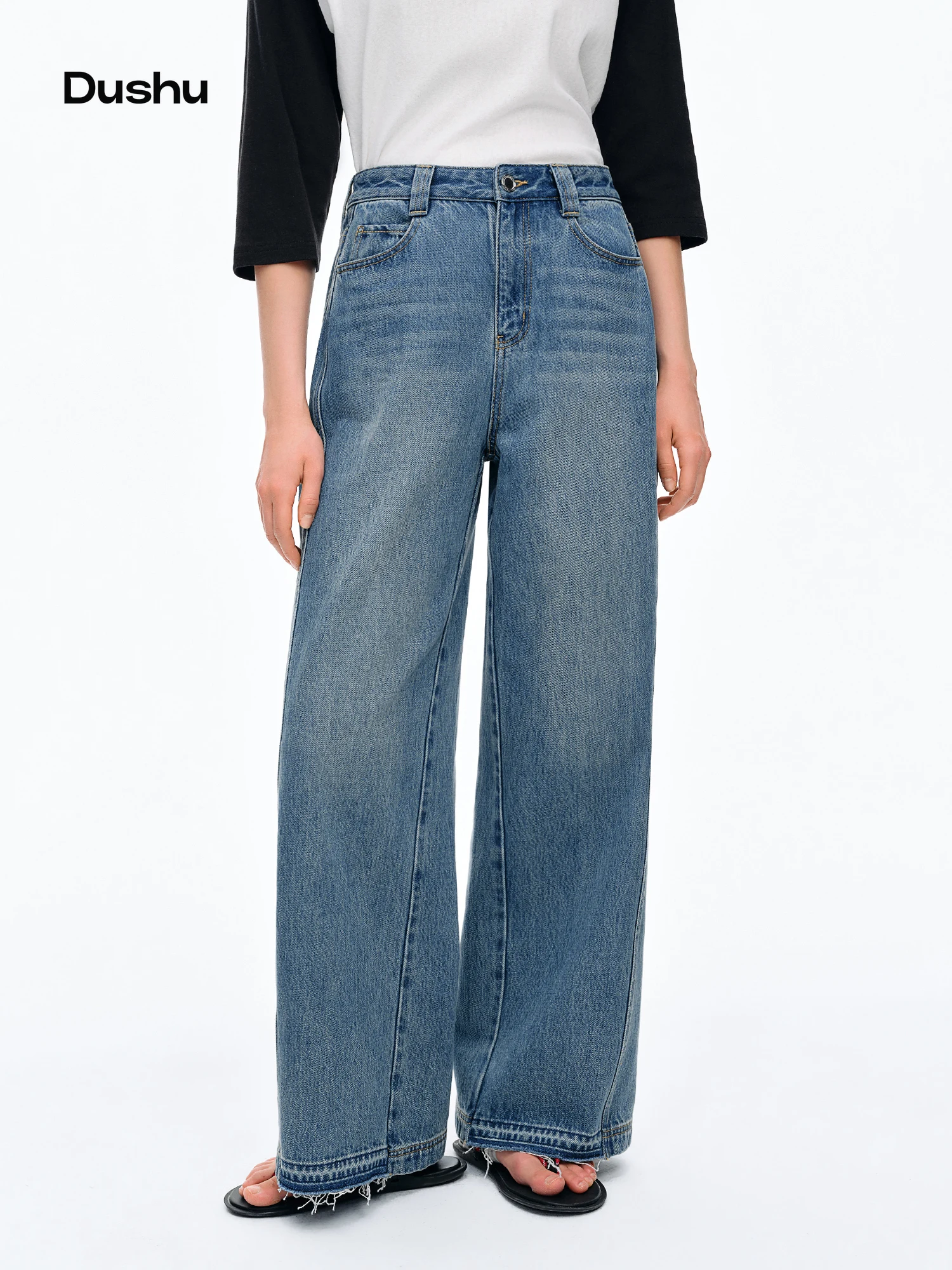 

DUSHU 2026 Летние женские джинсы с высокой талией и широкими штанинами из 100% хлопка – стройнящие прямые джинсовые брюки для повседневной летней носки