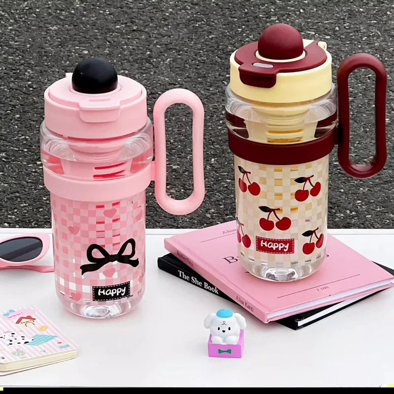 Large Kawaii Water Bottle With Straw 1200ml Cute Cherry Bow Cup Fruit Tea Bottle Coffee Juice Plastic Tumbler With Filter Handle