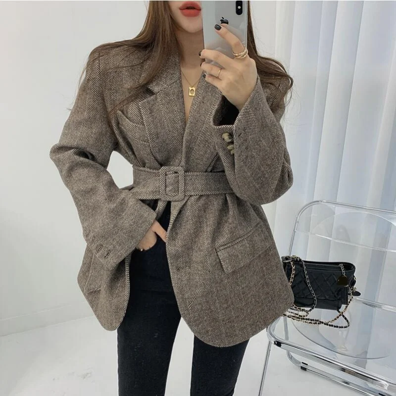 Traje adelgazante grueso ceñido con cintura con lazo de estilo coreano, abrigo de lana, ropa de mujer, abrigo de invierno, traje informal holgado para ir al trabajo, Blazers