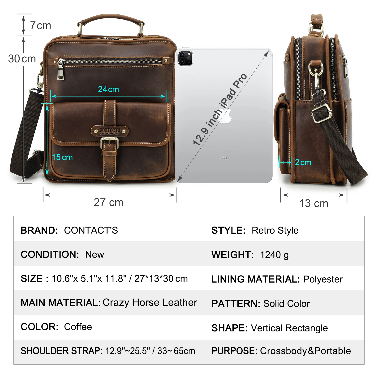 Vintage Luxury Men Crossbody Messenger Bags Business Casual Handbag Male Crazy Horse Leather Shoulder Bag Large Capacity