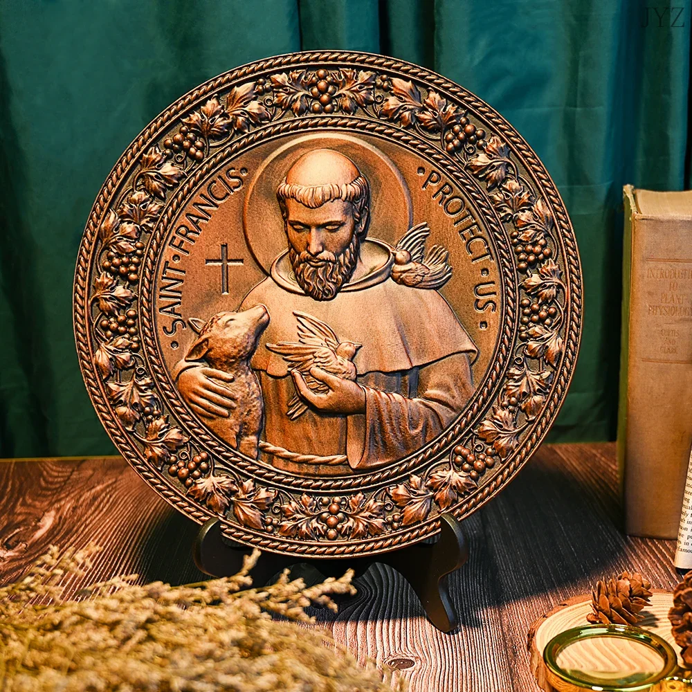 Religious Saint Francis Figure Icon Decor ,Wooden Carving Crafts Home Holy Statues Gifts