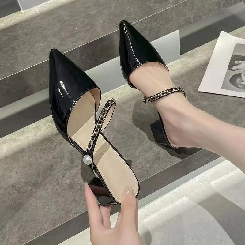 

Женские летние мюли 2026 года, цвета нюд, с закрытым острым носком, на массивном каблуке 4 см, с одним ремешком, стильные, на высоком каблуке, для платья