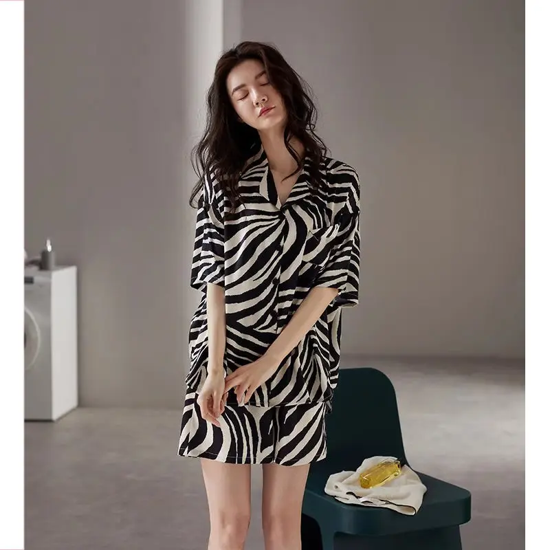 Pajamas Female Summertime Modal Short-sleeved Shorts Loungewear Zebra-stripe Fashion Suit Refreshing Loose Comfort Advanced