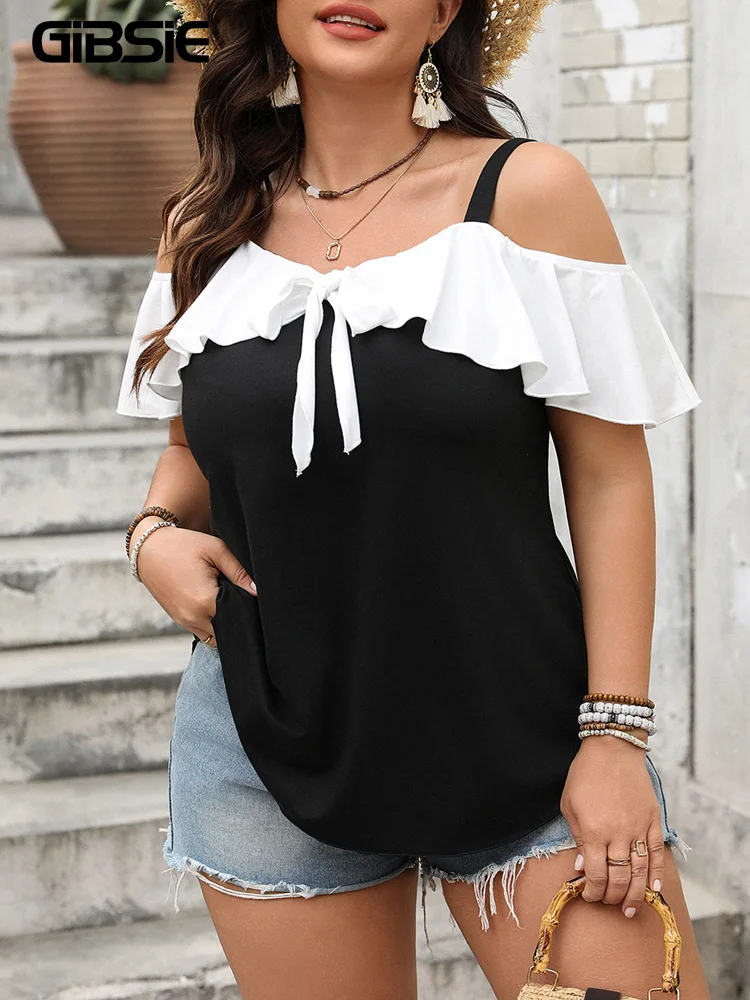 GIBSIE Plus Size Bow Tie Front Contrast Ruffle Blouse Women Summer 2025 Fashion Cute Black Cold Shoulder Tops Ladies Shirts New