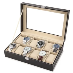 PU Leather Watch Display Case Holder, Caixa de armazenamento preta, organizador para homens e mulheres, melhor caixa de presente, 2, 3, 4, 5, 6, 8, 10, 12, 20 grades