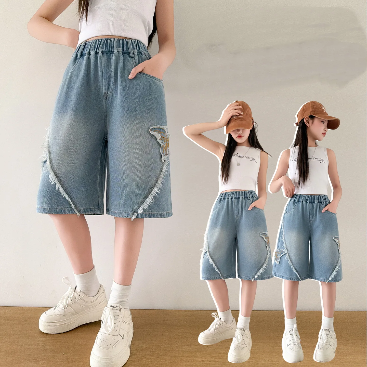 Kids Summer Denim Shorts with Side Butterfly for Tweens Girls Knee-Length Jeans Child Elegant Straight Leg Five-Quarter Pants