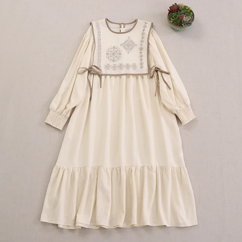 Spring New Japanese Sweet Mori Girl Embroidery Vest Dress Two Peices Set Women O-Neck Long Sleeve Casual Loose Long Dresses