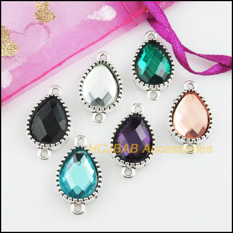 12Pcs Tibetan Silver Plated Color Crystal Mixed Teardrop Charms Connectors 13x23mm