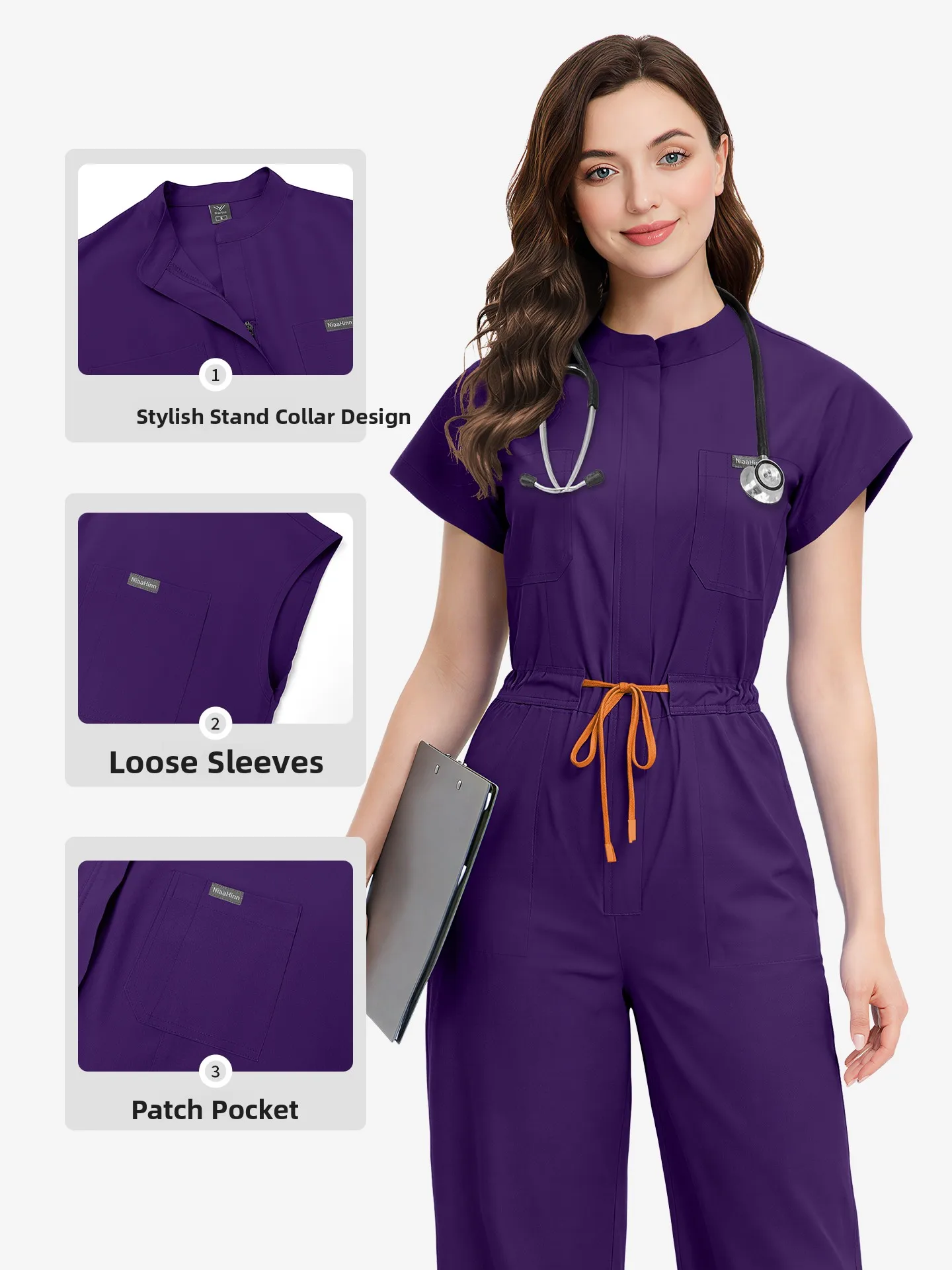 NiaaHinn Hospital Scrub Suit Women's Medical Uniform Stand Collar Waist-Cinching Multi-Functional Workwear  Shirt