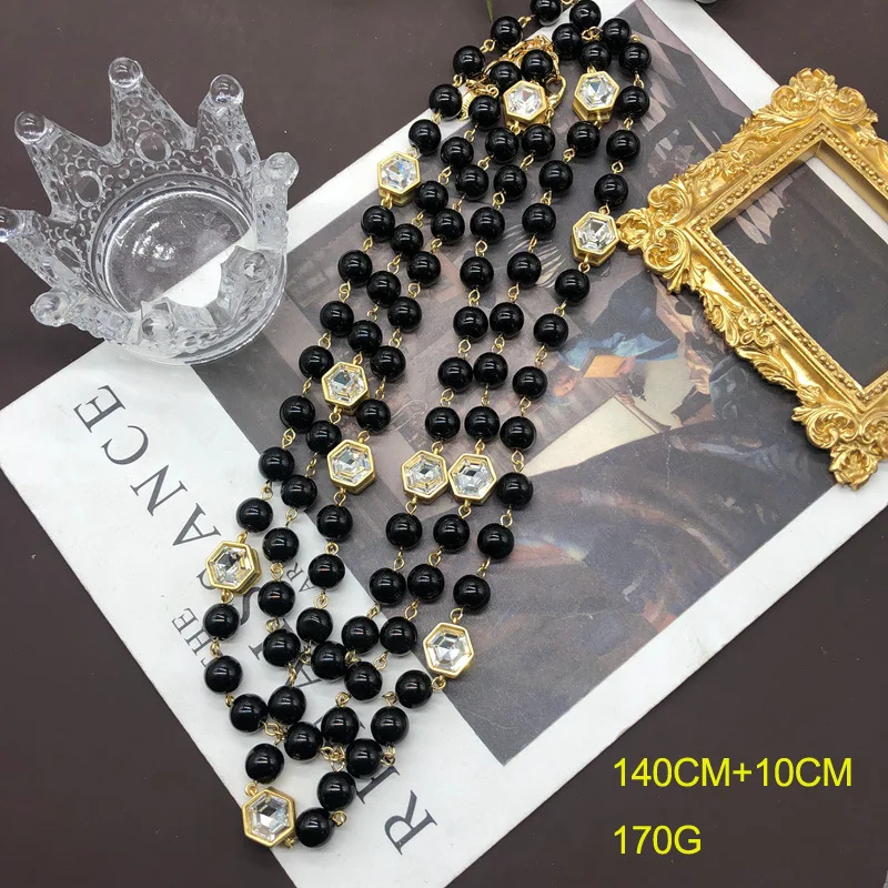 Vintage Palace Jewelry Set Necklace for Women Multi Layered Black Glazed Bead Sweater Chain Earring Necklace Set