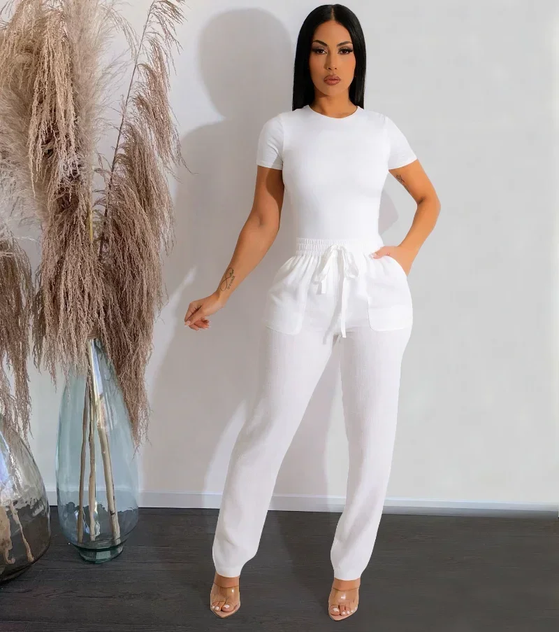 

GUWU Drawstring Waist Straight Jogger Pants Women Fashion Summer Active Yoga Streetwear Pocket Front Trousers