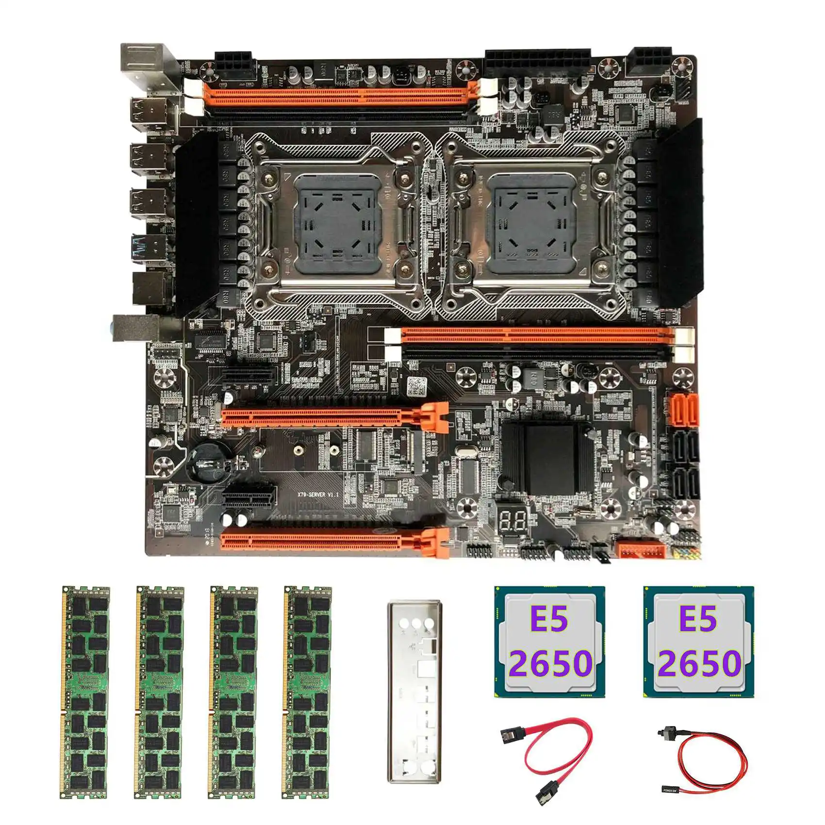 X79 Dual CPU Motherboard+2XE5 2650 CPU+4X4GB DDR3 1600Mhz RECC Ram+SATA Cable+Switch Cable+Baffle LGA2011 M.2 NVME