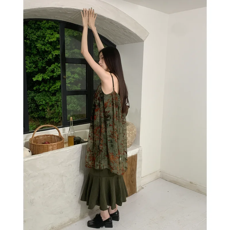 Green Elegant Party Dresses Sling Women's Clothing Dress Sexy Printing Irregular Korean Fashion Retro Summer Long Ball Dress