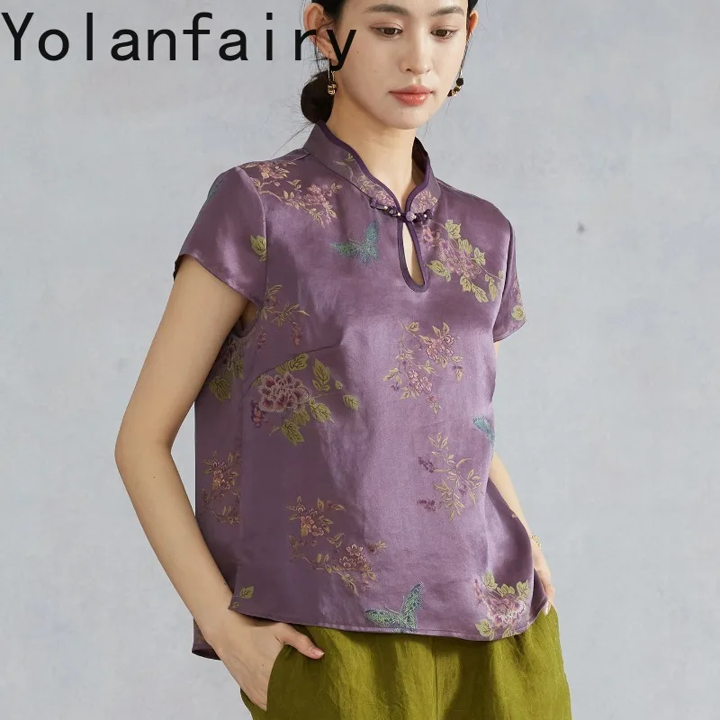 YOLANFAIRY 100% Real Mulberry Silk T Shirts Woman Summer Luxury Red Gambiered Satin Blouse Elegant Womens Tops Wrapped Sleeve