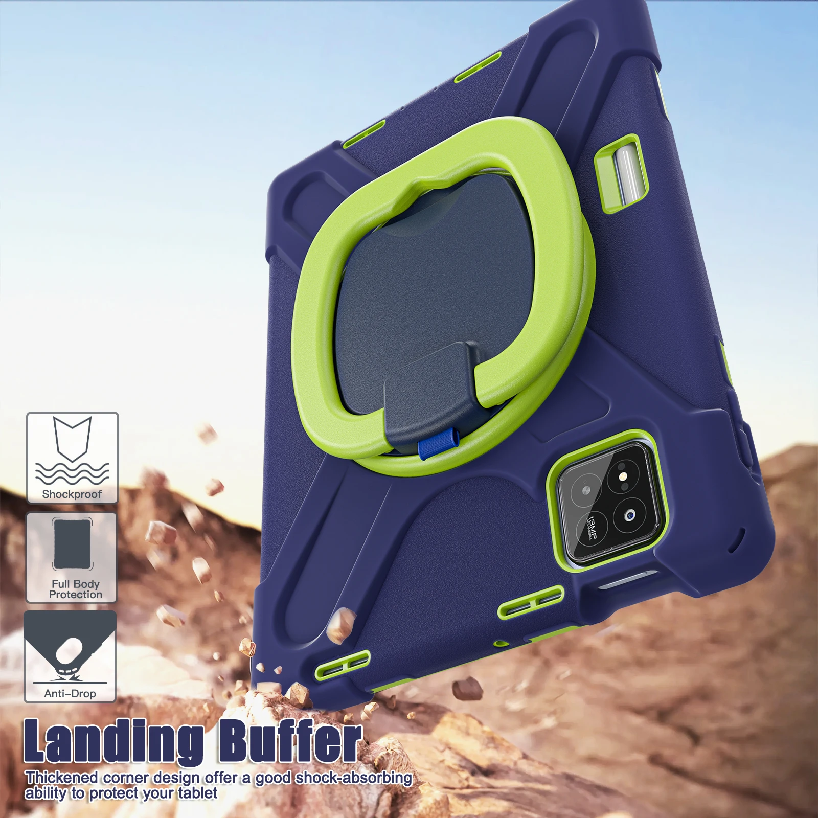 

Tablet Case for Xiaomi Pad 8 Pro / 8 / 7 Pro / 7 TPU + PC + Silicone Cover Swivel Kickstand Handle Grip - Navy Blue / Yellowgree