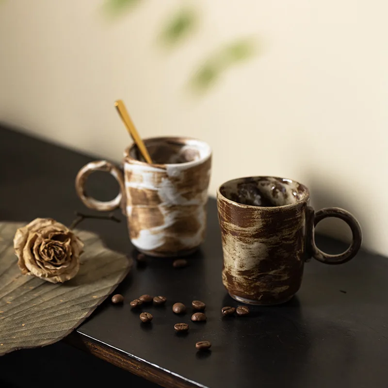 

Handmade rough pottery coffee cup Japanese retro simple ceramic cup creative pull flower hanging ear mug household water cup