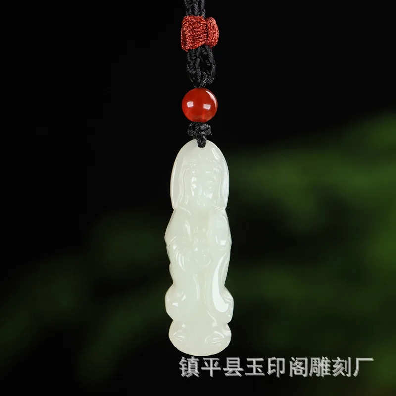 Natural Hotan Standing Guanyin Necklace White Jade Zodiac Buddha Pendant Men