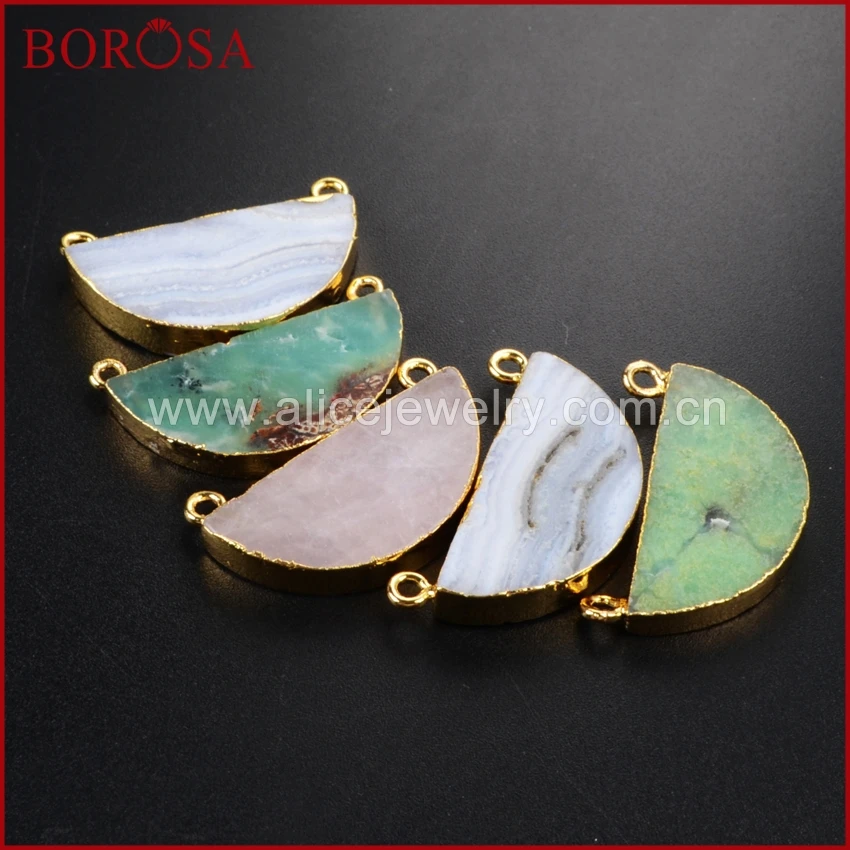 Half Moon Shape Natural Rose Quartz Australian Jade Connectors Gold Plated Multi-Kind Natural Stones for Necklace Jewelry Making