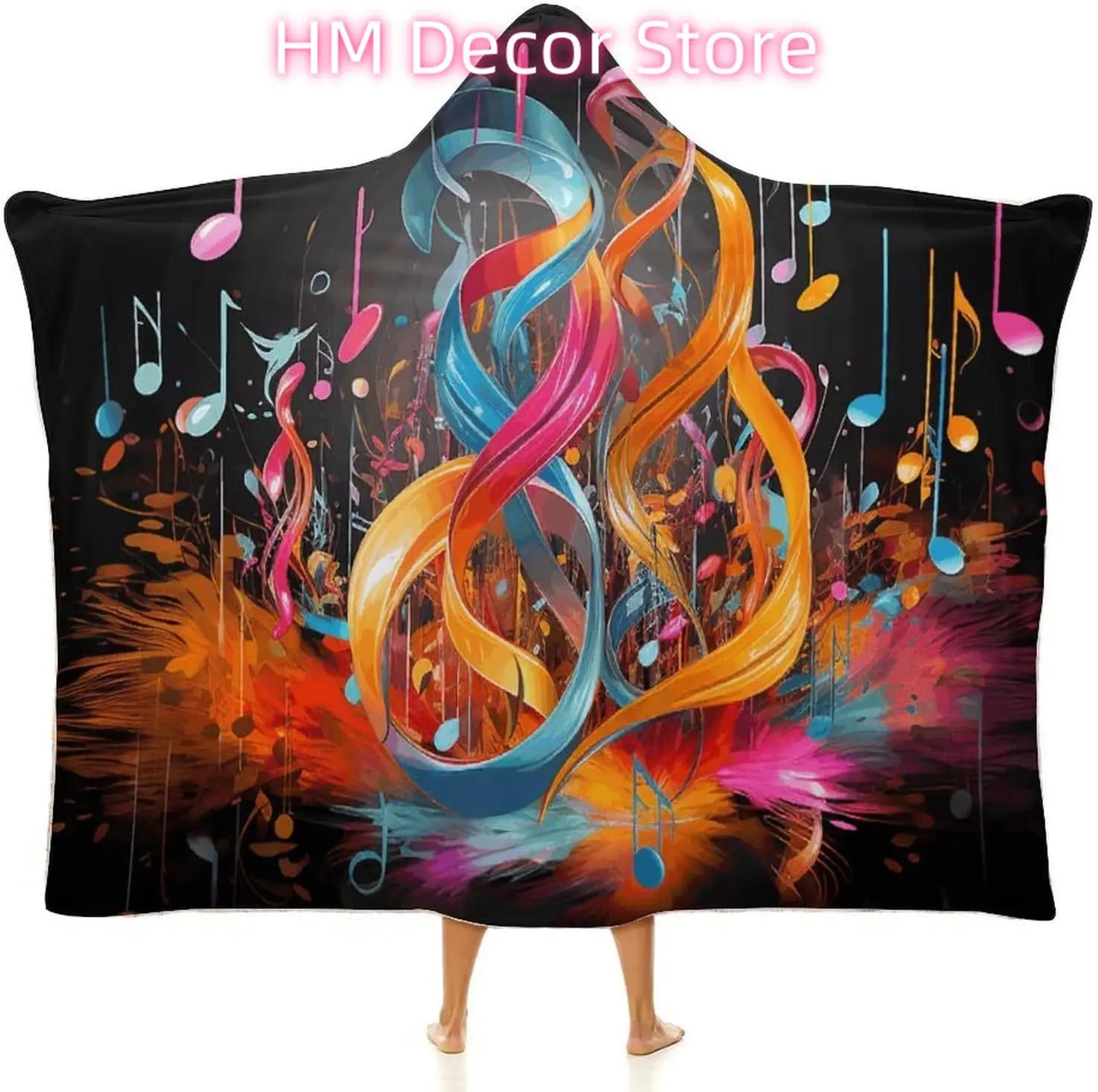 Colorful Musical Note Wearable Hooded Blanket, Ultra Soft Arctic Velvet Cape Cloak Unisex - Cozy Wearable Blanket