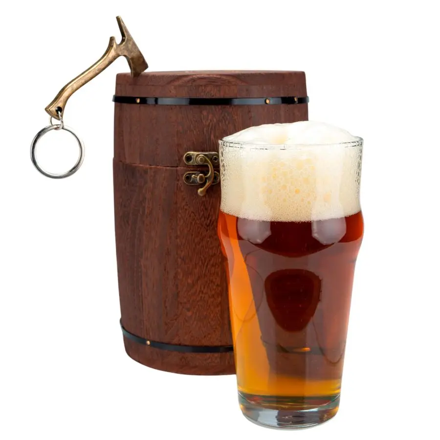

Beer Glass Gift Set for Men Premium Beer Mug, Axe Bottle Opener amp Oak Barrel Box Unique Birthday, Christmas or Fathers Day Gif
