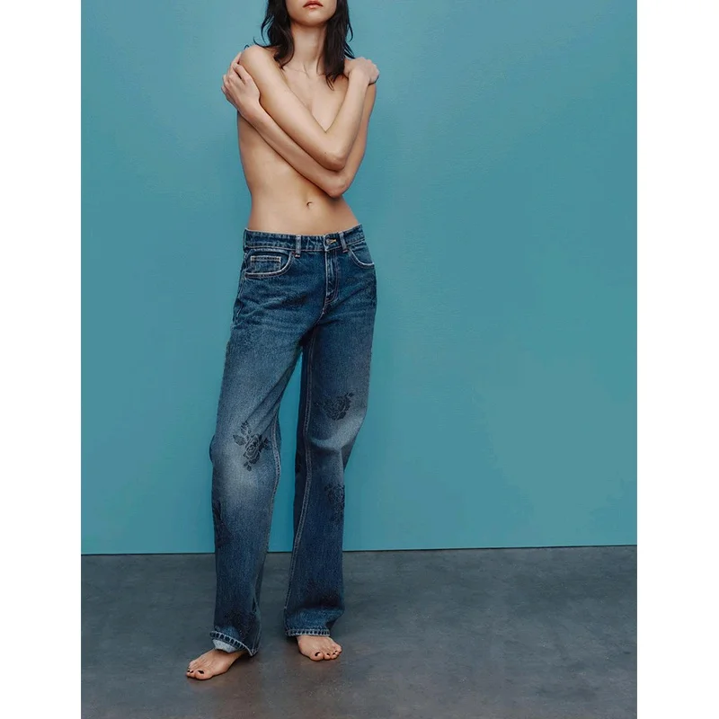 Printemps nouveau femmes décontracté Floral singe strass décoré coton jambe large jean taille haute coupe ample pantalons longs