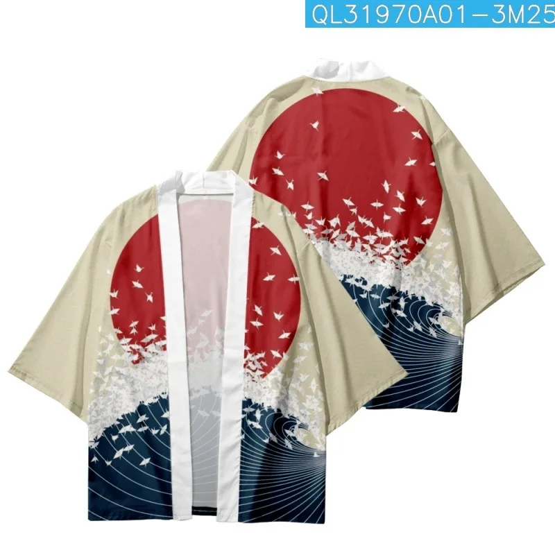 

Summer Casual Women Men Wave Red Sun Printed Streetwear Japanese Kimono Beach Shorts Yukata Harajuku Cardigan